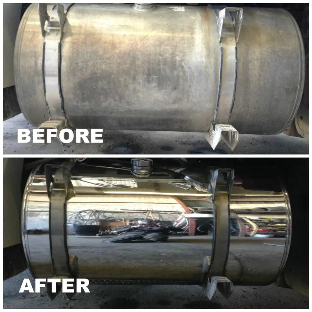 before and after photos of a metal gas tank home that had A professional metal polishing service