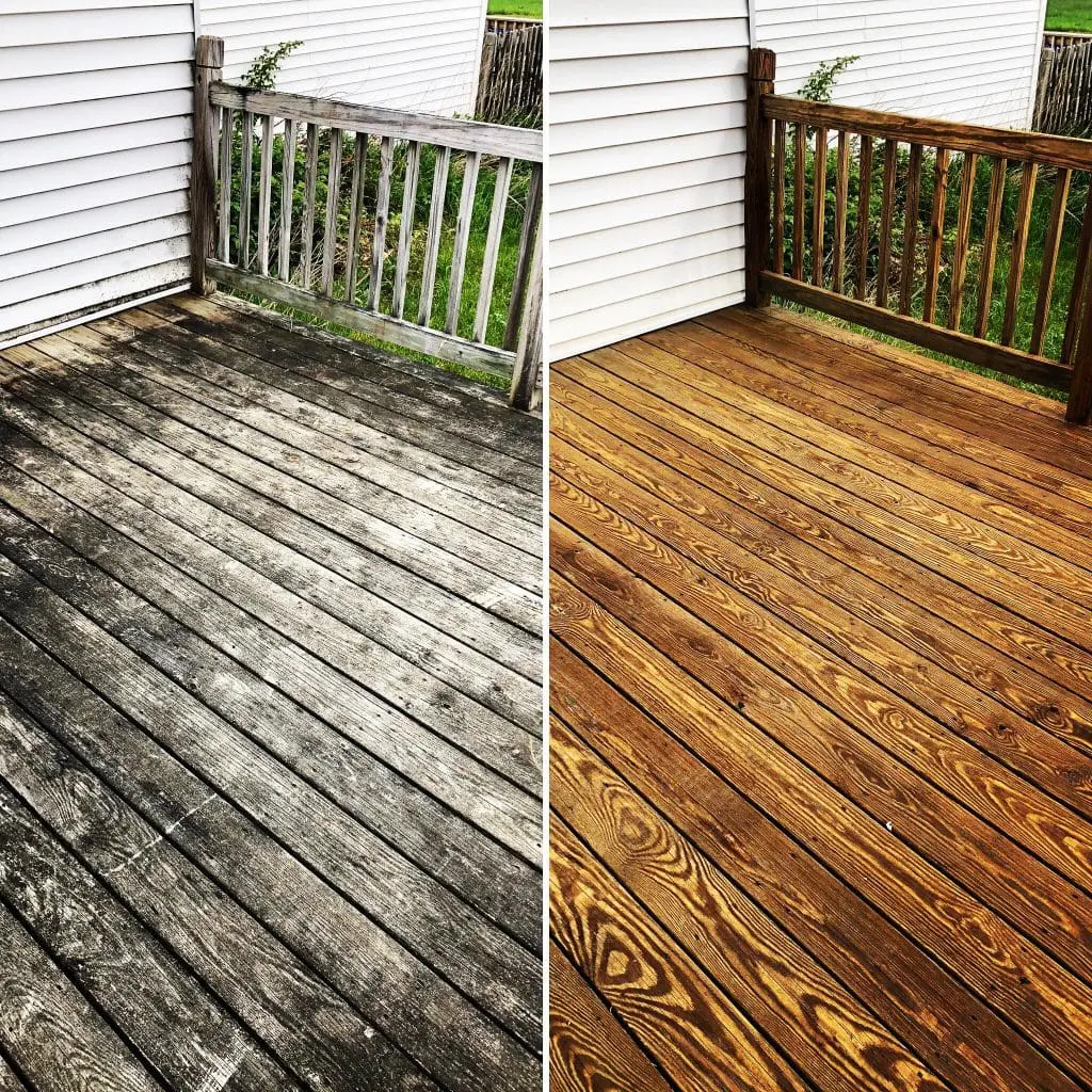 before and after photos of a wooden deck that was professionally pressure washed