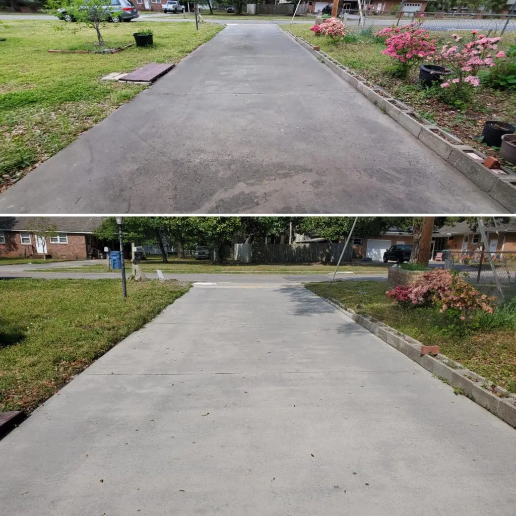 before and after photos of a tarred driveway that was professionally pressure washed
